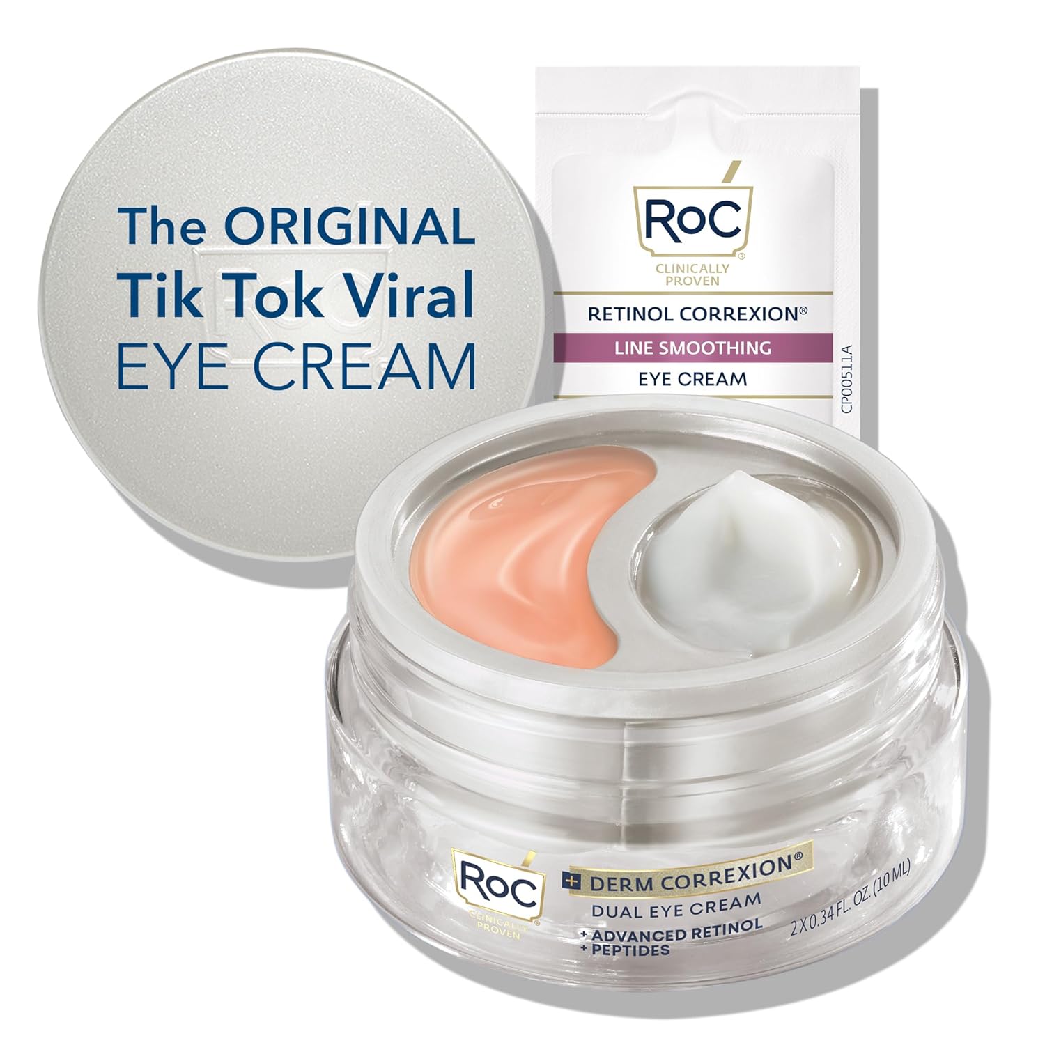 Roc Derm Correxion Dual Eye Cream With Advanced Retinol + Peptides For Puffy Eyes And Dark Circles, (.68 Oz) With Retinol Eye Cream Packette