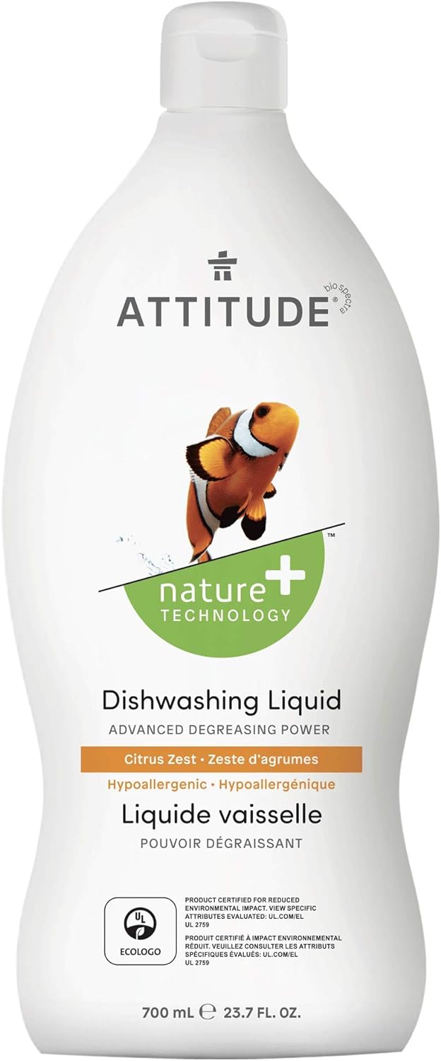 ATTITUDE Dishwashing Liquid, EWG Verified, Vegan Dish Soap, Plant Based, Naturally Derived Products, Citrus Zest, 23.7 Fl Oz