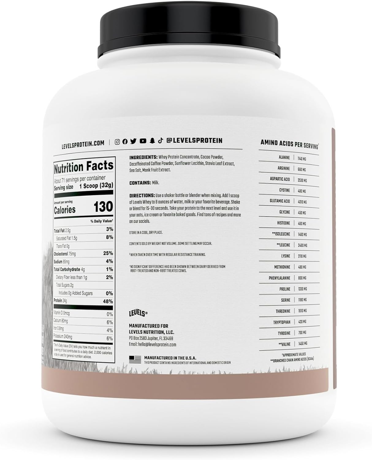 Levels Grass Fed 100% Whey Protein, No Hormones, Chocolate Mocha, 5LB : Health & Household