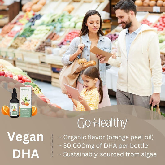 Go Healthy DHA Omega 3 Supplement Liquid Drops for Kids, Children, Infants & Adults - Vegan Omega 3 Fish Oil Alternative, Orange Flavor, 30,000 mg DHA per Bottle 30-120 Servings