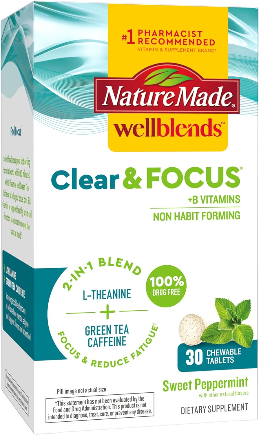 Nature Made Wellends Clear & Focus, L-Theanine, Green Tea Caffeine, 5 B Vitamins, Fast-Acting Formula, 30 Chewable Tablets, Peppermint Avor