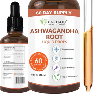 Caribou Nutrition Ashwagandha Liquid Drops Organic - Pure Ashwagandha Root Extract Supplement | Non-Gmo, Vegan, Gluten-Free | 60 Servings Of Ashwagandha Liquid For Men & Women