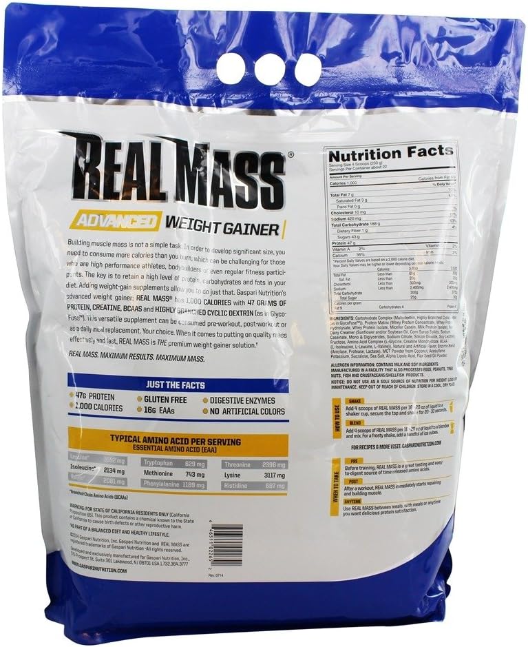 Gaspari Nutrition Real Mass: Advanced Weight Gainer, Protein And Complex Carb Blend, 50G Protein, 16G Eaas, Gluten-Free, 12 Lbs (Vanilla Milkshake) : Health & Household