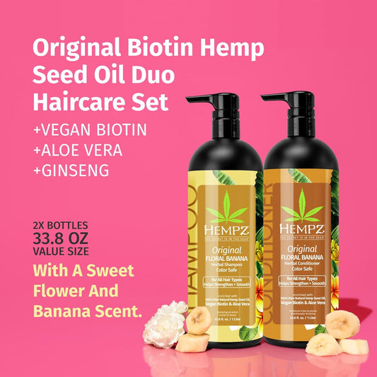 Hempz Hair Shampoo & Conditioner Set - Original Floral & Banana Scent For Dry, Damaged, Color Treated Hair - Hydrating, Softening, Moisturizing Vegan Biotin For All Hair Types Duo Set - 33.8 Fl Oz