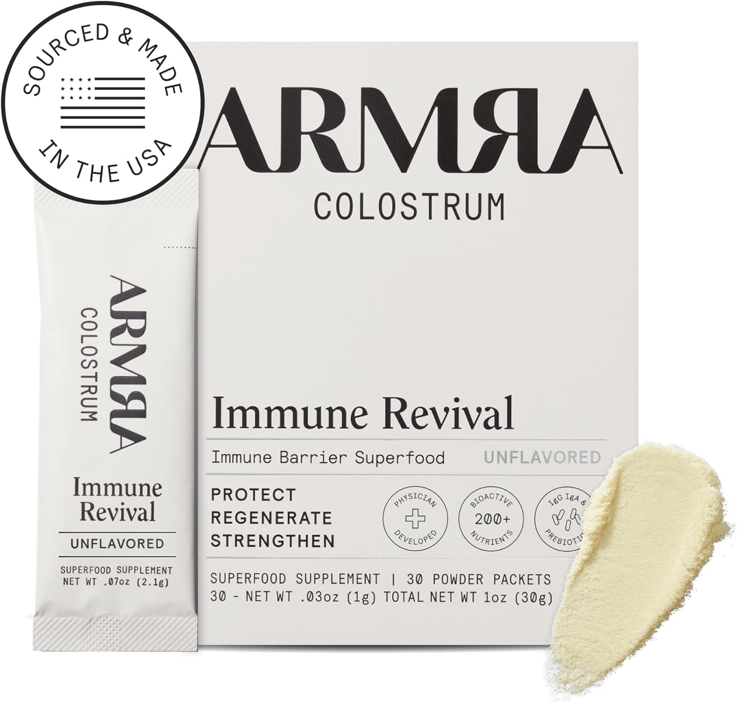 Armra Colostrum Premium Powder, Grass Fed, Gut Health Bloating Immunity Skin & Hair, Contains 400+ Bioactive Nutrients, Potent Bioavailable, Keto, Gluten & Fat Free (Unflavored | 30 Servings)