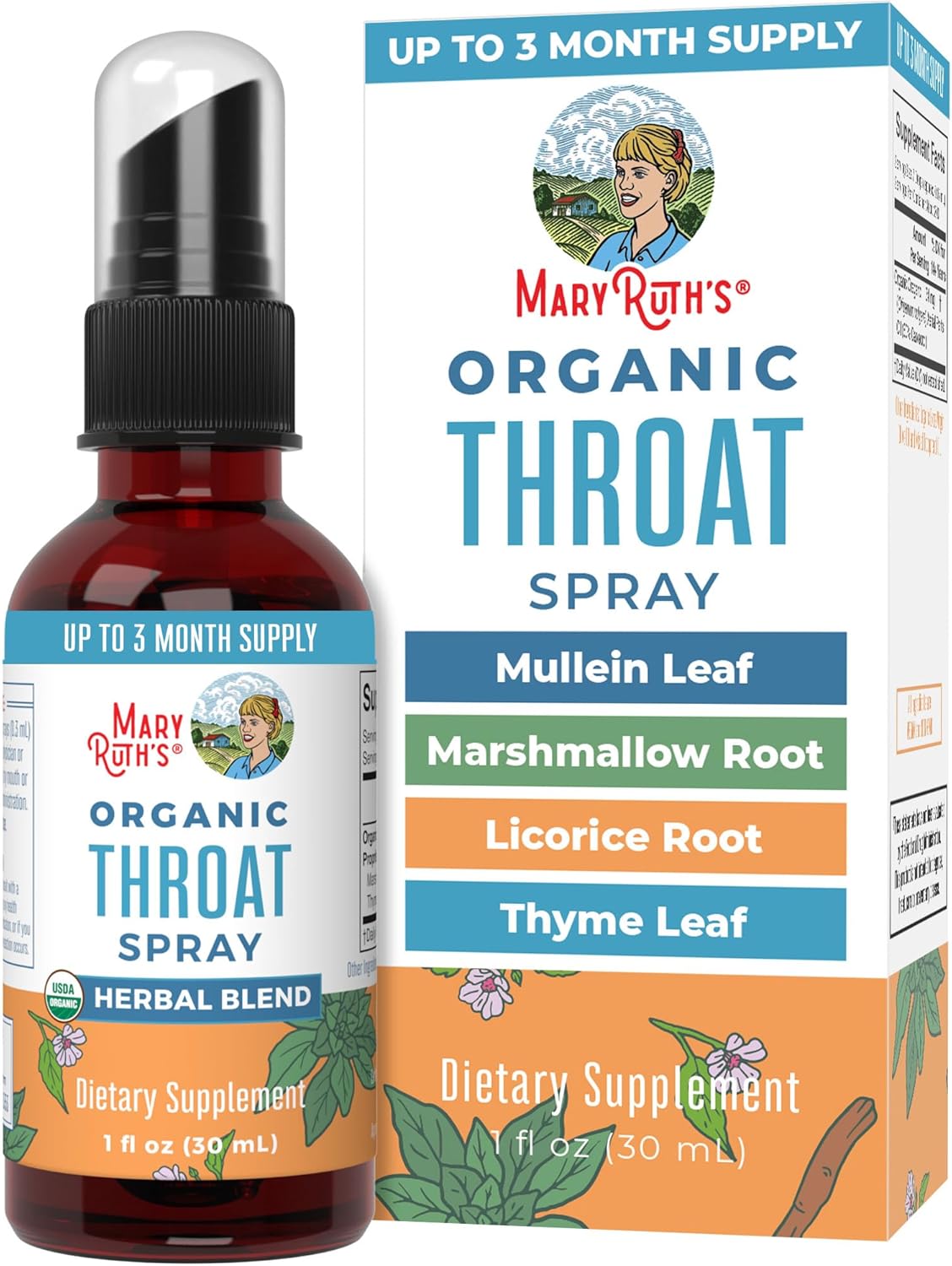 USDA Organic Throat Spray with Mullein Leaf – MaryRuth's Herbal Blend with Marshmallow Root, Licorice Root & Thyme Leaf – Vanilla Flavor – Non-GMO & Vegan