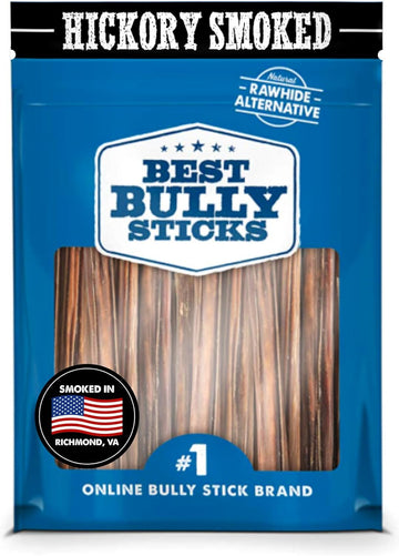 Best Bully Sticks Premium Hickory Smoked 100% Natural Thin 6 Inch Bully Sticks For Dogs - Odor Free With Smoky Aroma - No Additives, Free-Range Grass-Fed Beef, Grain-Free Dog Chews Thin, 24 Pack