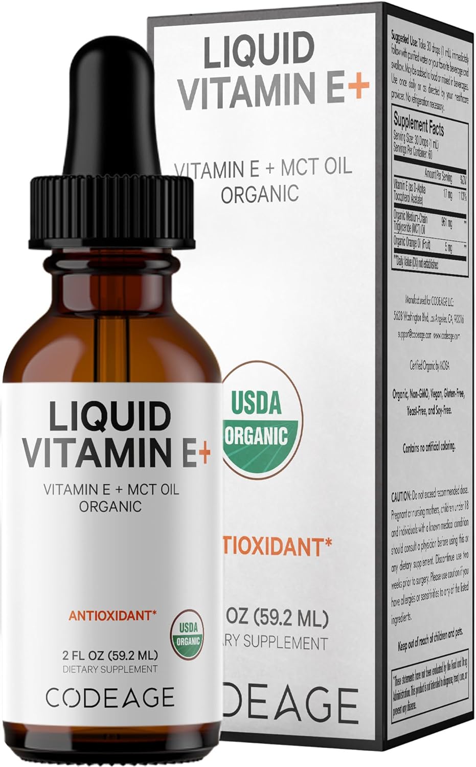 Codeage Liquid Vitamin E+ - USDA-Certified Organic, Organic MCT Oil, Organic Orange Oil Fruit, 2-Month Supply, Unflavored - Antioxidant, Skin & Immune Support - Non-GMO, Vegan, Gluten-Free - 2 fl oz