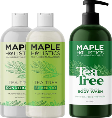 Shampoo Conditioner and Body Wash Set - Cleansing Tea Tree Essential Oil Shampoo Conditioner and Body Wash for Dry Skin Scalp and Hair Care - Moisturizing Sulfate Free Shower Set for Men and Women