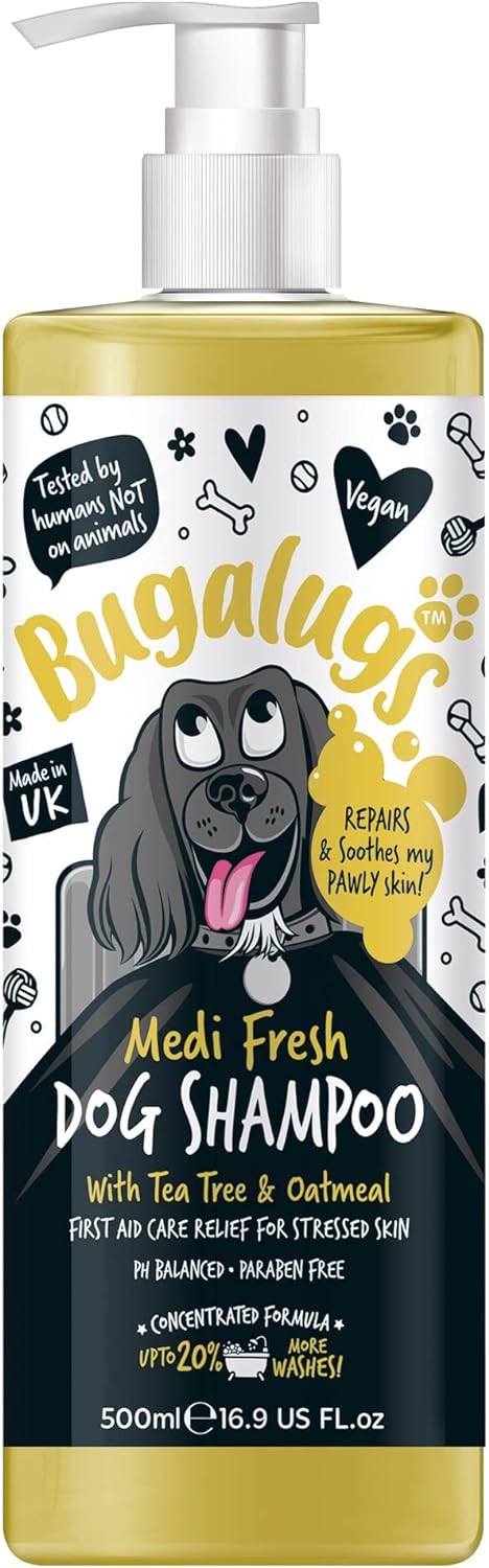 BUGALUGS Dog Shampoo for Itchy Skin Antibacterial And Antifungal Natural Medicated Safe Sensitive Formula - Fast Absorbing Skin Cooling First Aid relief For Cuts Grazes Skin Irritation?5056176297657