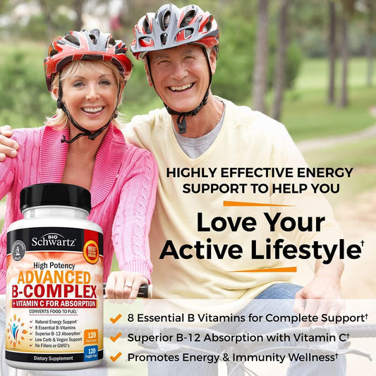 Vitamin B Complex With Vitamin C For Maximum Absorption - Methylcobalamin B12 & Folate Folic Acid Supplement - B1 B2 B3 B5 B6 B7 B9 For Immune Energy & Nervous System Support - Non-Gmo, 60 Count