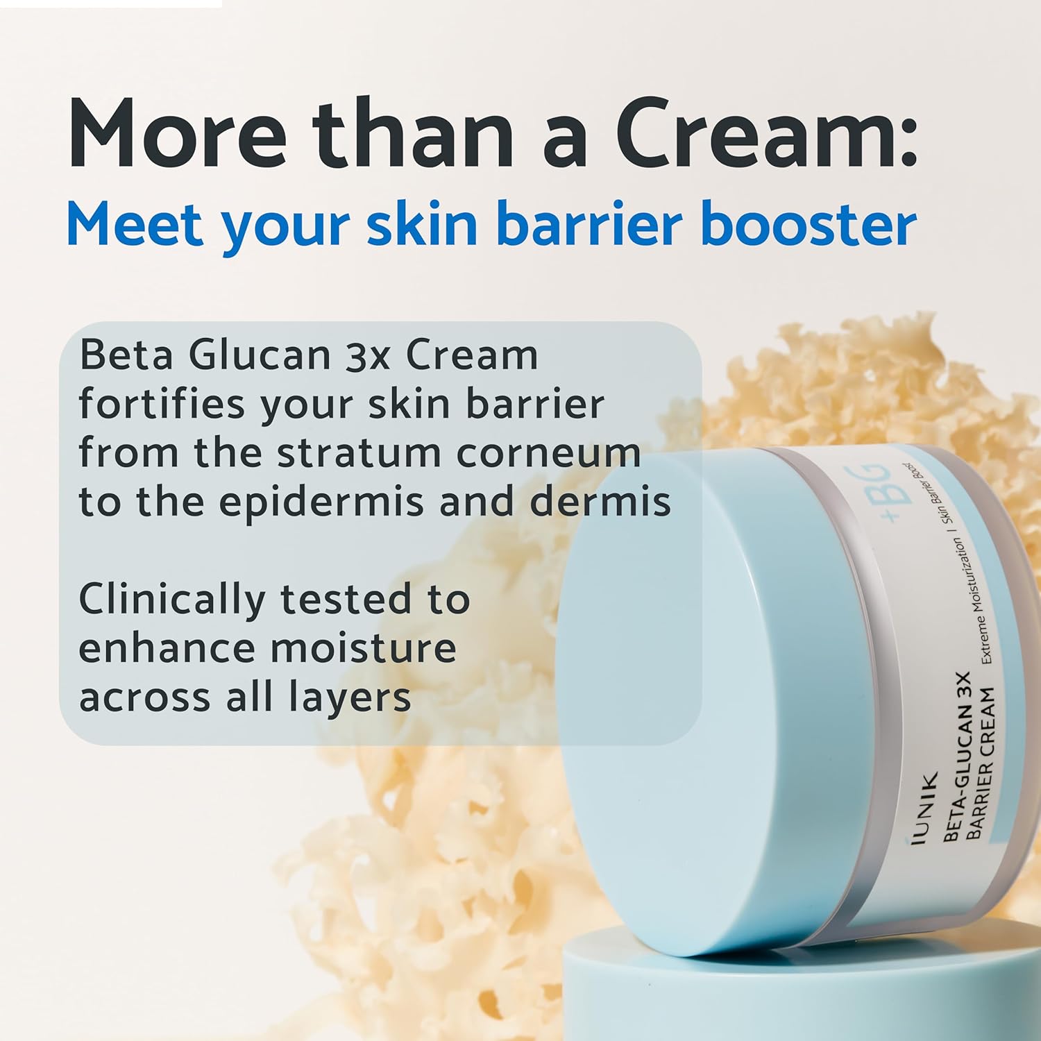 Iunik Beta-Glucan Non-Sticky Deep Moisture Hydration 3X Barrier Cream Day&Night Moisturizer Quick Absorption Barrier Strengthening For Sensitive Dry Skin With Shea Butter Panthenol Korean Skincare