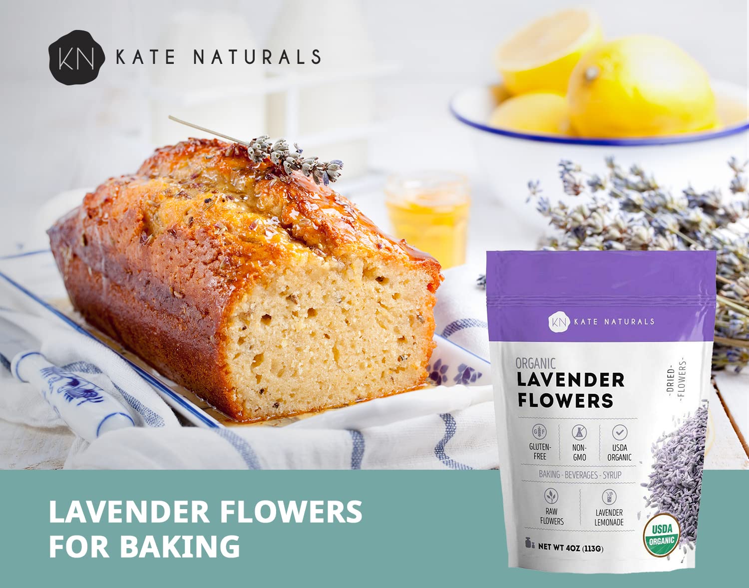 Kate Naturals Dried Lavender Flowers For Tea, Soap Making, And Lemonade. Culinary Lavender And Edible Lavender Buds (4Oz, Organic, Food Grade)