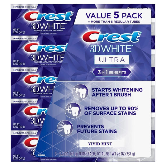 Crest 3D White Ultra Whitening Toothpaste, Vivid Mint (5.2 Oz., 5 Pk.) : Health & Household