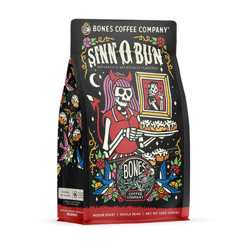 Bones Coffee Company Sinn 'O' Bun Whole Coffee Beans Cinnamon Roll Flavor | 12 oz Medium Roast Low Acid Coffee | Flavored Coffee Gifts & Beverages (Whole Bean)