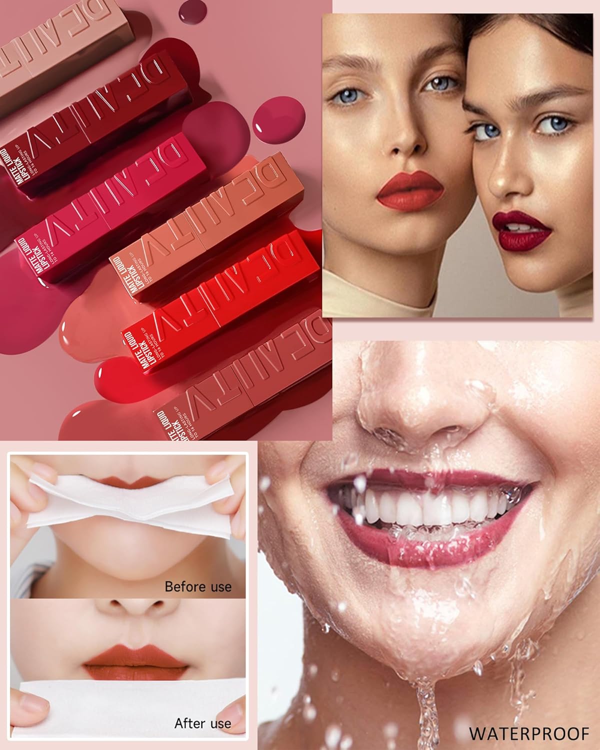 Matte Liquid Lipstick For Women-2Pcs Pink Neutral & Red Highly Pigmented Lip Stain Tint,Super Velvet Matte Lip Gloss, Long Lasting Up To 16H Wear,Waterproof Smudge-Proof Non-Stick Cup Lip Makeup-03+05 : Beauty & Personal Care