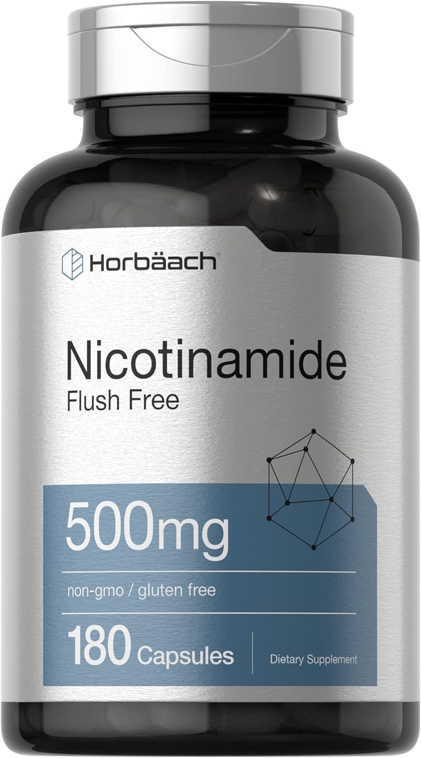 Horbäach Flush Free Nicotinamide | 500mg | 180 Capsules | Non-GMO and Gluten Free Supplement