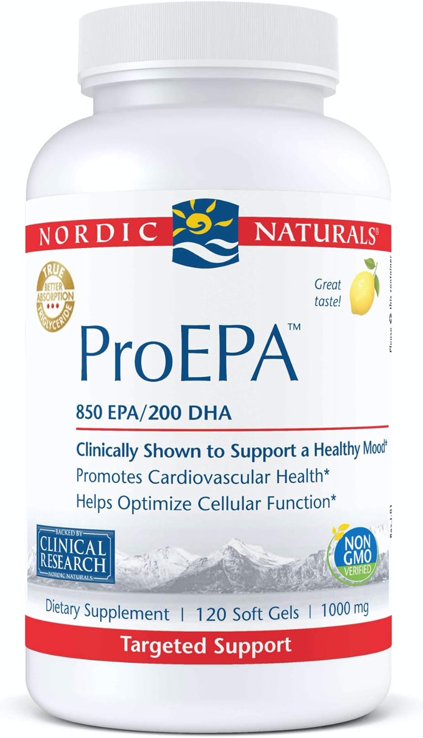 Nordic Naturals ProEPA, Lemon - 120 Soft Gels - 1210 mg Omega-3 - High-Intensity EPA Formula for Healthy Mood, Heart Health & Cellular Function - Non-GMO - 60 Servings