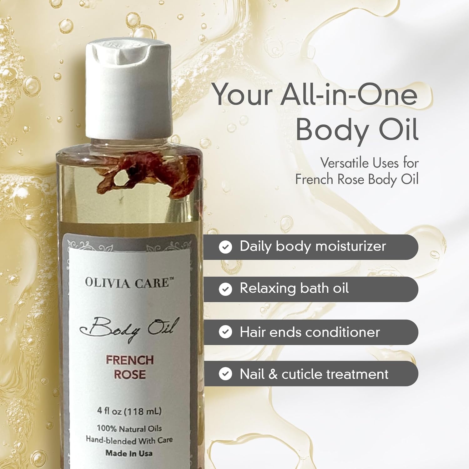 Olivia Care Body Oil Lavender Rose Vegan & Natural Perfume Oil For Women | Hydrating After Bath Oil- Infused With Vitamin E, K & Omega Fatty Acids - Reduce Dry Skin, Anti-Aging (Lavender Rose) : Beauty & Personal Care