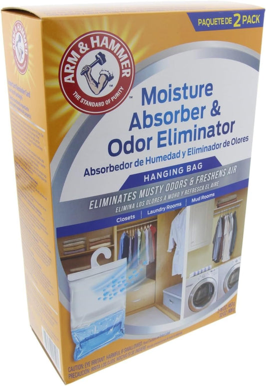 Arm & Hammer Moisture Absorber & Odor Eliminator, 453G Hanging Bag, 2 Pack (4 Bags Total), Passive Dehumidifier