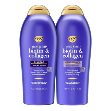 Ogx Thick & Full + Biotin & Collagen Extra Strength Volumizing Shampoo + Conditioner With Vitamin B7 & Hydrolyzed Wheat Protein For Fine Hair, 25.4 Oz Pack Of 2