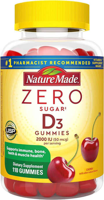 Nature Made Zero Sugar Vitamin D3 Gummies 2000 Iu (50 Mcg) Per Serving, Immune, Bone, Teeth & Muscle Support Supplement, 110 Sugar Free Vitamin D Gummies, 55 Day Supply