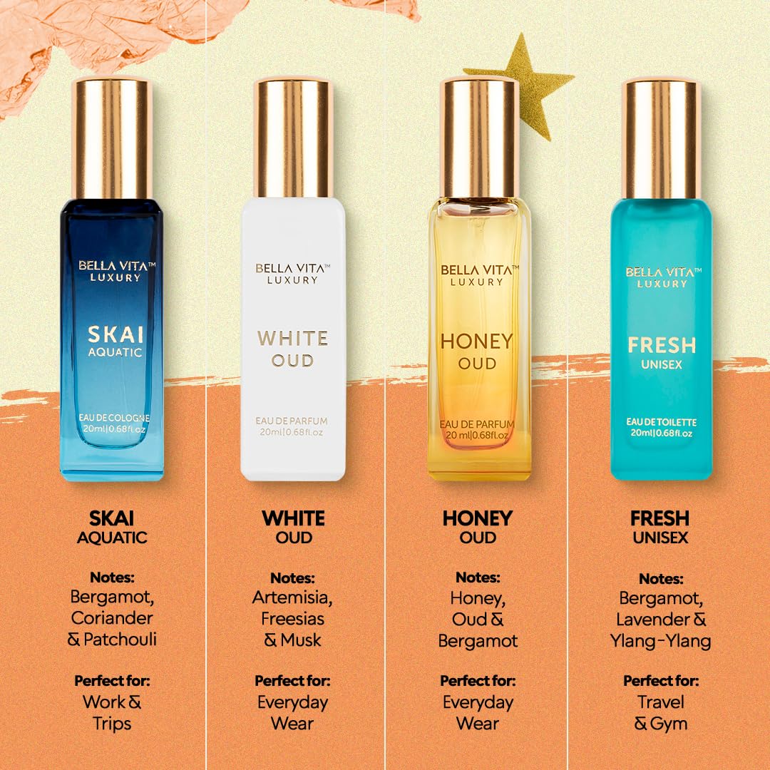 Bellavita Luxury Unisex Cologne Gift Set (4X20Ml) | Fragrances Includes Honey Oud, Skai, Fresh & White Oud | Travel Size Mini Perfumes & Spicy Vanilla Perfume Oil | Unisex Perfume For Women & Men : Beauty & Personal Care