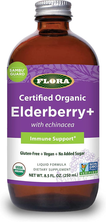 Flora Organic Black Elderberry Syrup + 8.5Oz - Immune Booster With Echinacea, For Kids & Adults, No Added Sugar, Gluten Free, Vegan, Sambuguard