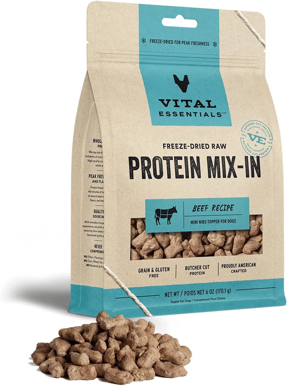 Vital Essentials Freeze Dried Raw Protein Mix-In Dog Food Topper, Beef Mini Nibs Topper For Dogs, 6 Oz