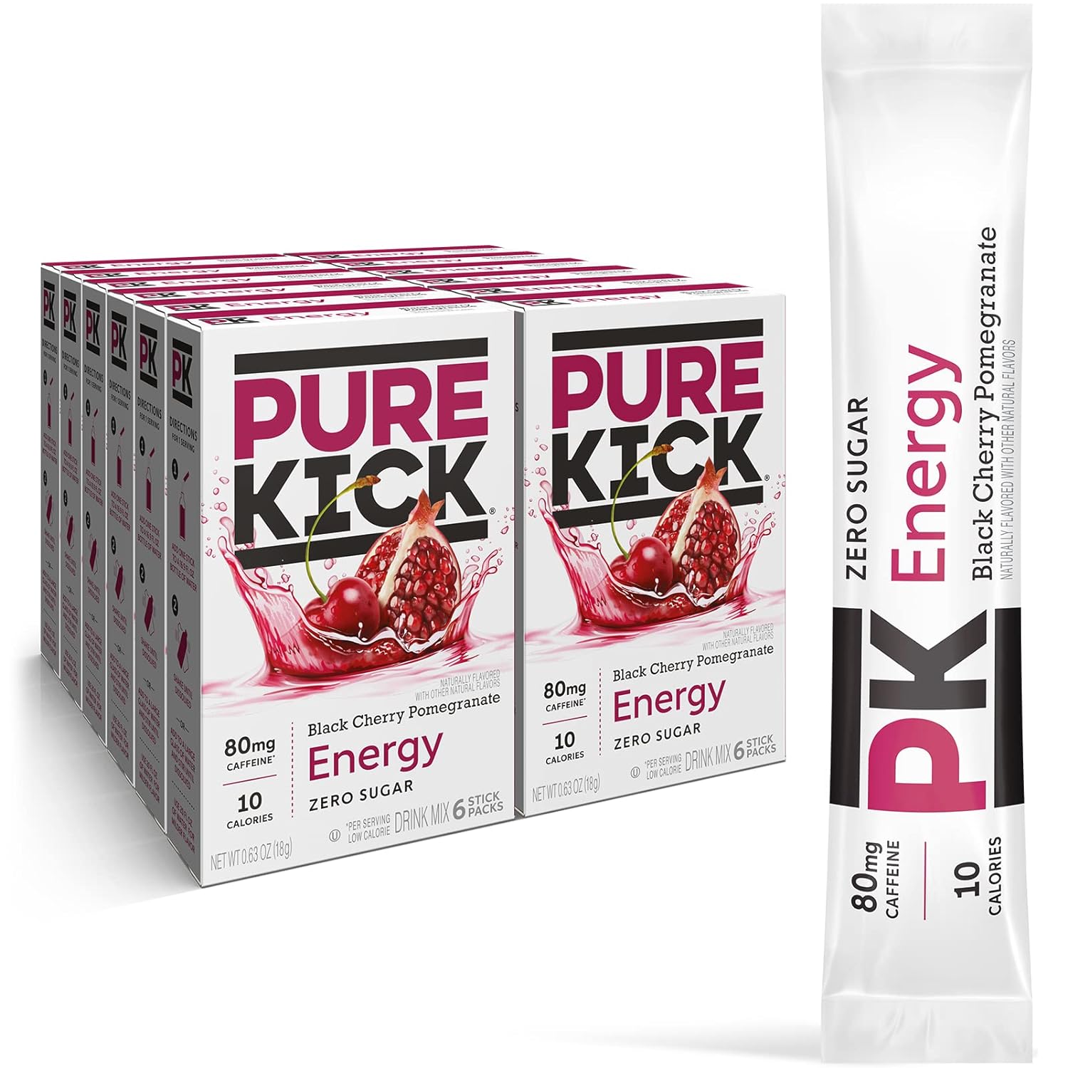 Pure Kick Energy Singles To Go Drink Mix, Black Cherry Pomegranate, Includes 12 Boxes With 6 Packets In Each Box, 72 Total Packets