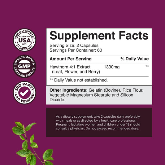 High Strength Hawthorn Berry Capsules - Pure Antioxidant Hawthorn Berry Supplement With Leaf & Flower Extract 4:1 For Heart Health & Digestion - Energy Support For Men & Women - 120 Count Pack