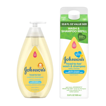 Johnson'S Baby Head To Toe Baby Bath Starter Kit, Hypoallergenic Wash & Shampoo For Baby'S Sensitive Skin & Hair, Baby Bath Bottle, 27.1 Fl. Oz, And Value Size Baby Wash Refill Pack, 33.8 Fl. Oz