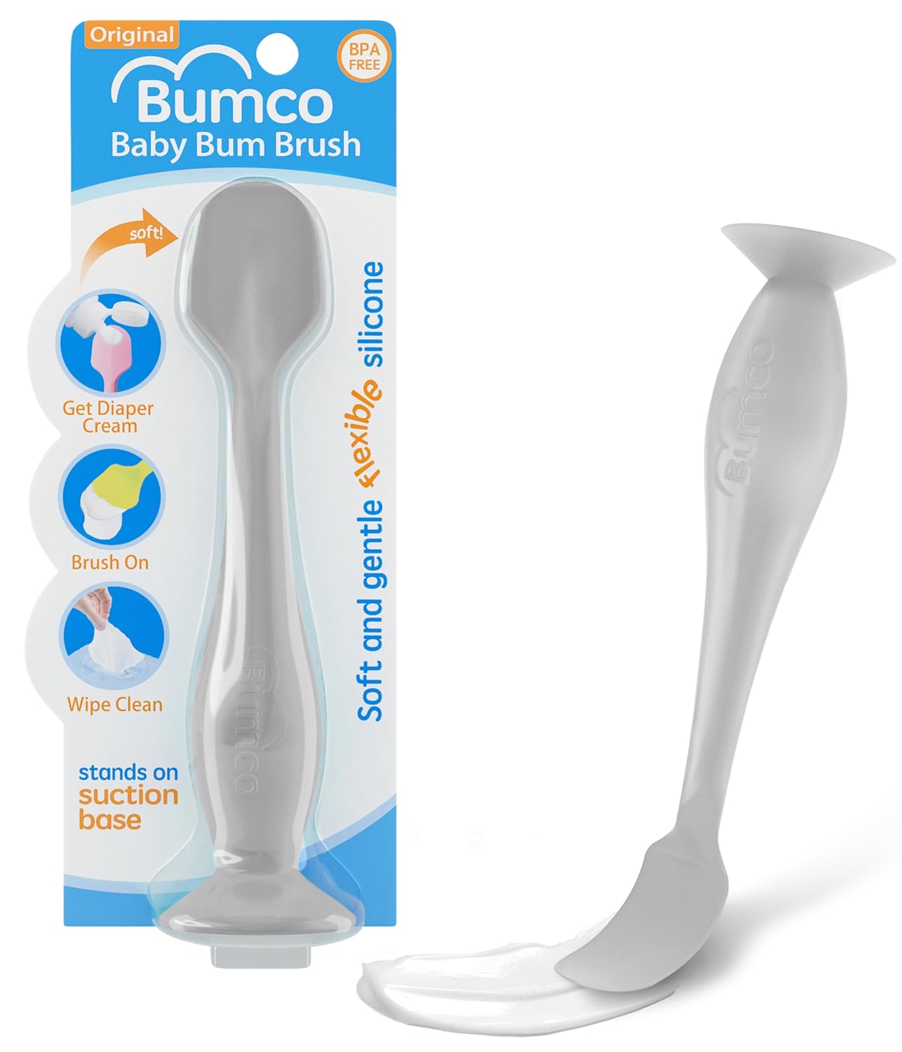 Bumco Baby Bum Brush - Bpa-Free Diaper Cream Spatula With Suction Cup Base, Soft & Flexible Silicone, Wipe-Clean, Mom-Invented Diaper Bag Essentials (Gray)