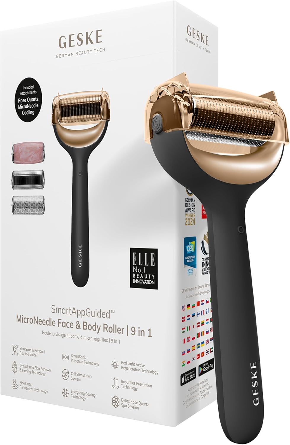 Geske Smartappguided™ Microneedle Face & Body Roller | 9 In 1 | Derma Roller | Electric Roller With Rose Quartz | Microneedling Device | Needle Roller | Beauty Roller For Face And Body