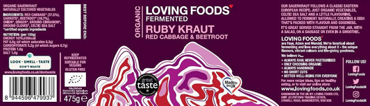 Loving Foods Award Winning *Organic & Made In The Uk* Ruby Sauerkraut (475G) Raw, Unpasteurised & Bursting With Beneficial Live Bacteria (6 X Jars)
