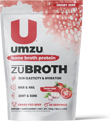 Umzu Zubroth Bone Broth Protein Powder Supplement | Grass Fed Bovine For Healthy Joints, Hair, Skin & Nails | Turmeric & Tomato For Recovery (Savory Herb | 20 Serving)