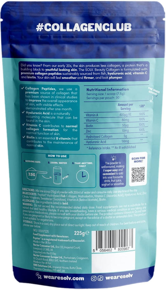 Solv Type 1 Collagen Peptides Powder 5000Mg, Pure Marine Collagen With Hyaluronic Acid, Biotin Hydrolyzed Collagen Supplements - Unflavoured (30 Servings), Skin Hair & Nail Support Supplements