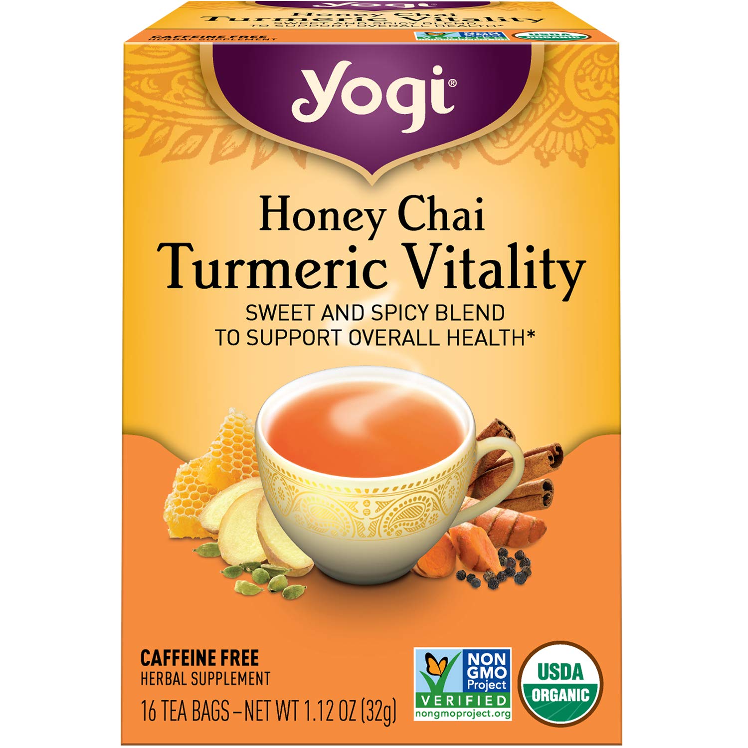 Yogi Tea Honey Chai Turmeric Vitality Tea - 16 Tea Bags Per Pack (6 Packs) - Organic Tea To Support Overall Health - Includes Cinnamon Bark, Turmeric Root, Cardamom Pod, Ginger Root & More