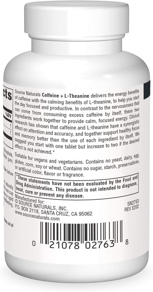 Source Naturals Caffeine + L-Theanine, Energy and Focus Support from Green Tea* - 60 Tablets