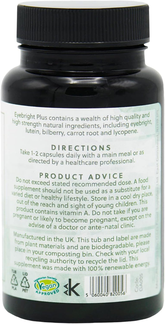 Eyebright Plus | Eyebright, Lutein, Astaxanthin, Bilberry, Lycopene Supplement | 60 Vegan Capsules | G&G Vitamins