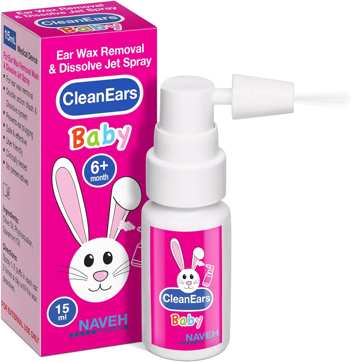 Naveh Pharma Cleanears Baby | Ear Wax Removal Kit Spray Ear Wax Softener Cleaner Ear Irrigation And Wax Dissolution | All-Natural Formula | Nonirritant – For Kids And Adults | 0.5 Fl Oz