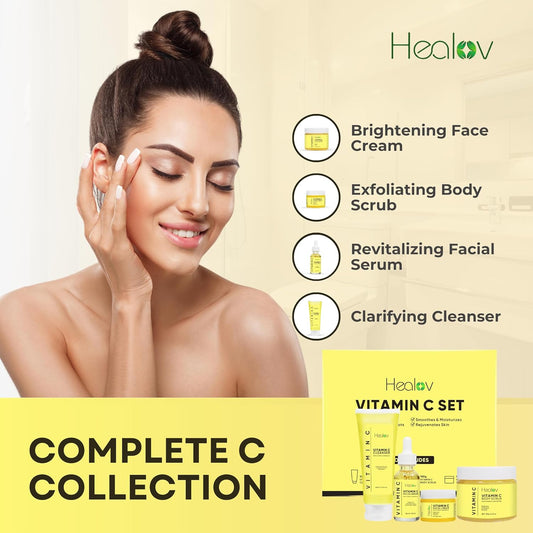 Vitamin C Skincare Set – Hydrating Facial Cleanser, Exfoliating Body Scrub, Face Cream & Anti Aging Serum – Vit C Reduces Dullness, Fine Lines, Wrinkles, Dark Circles – Travel Kit For Youthful Skin