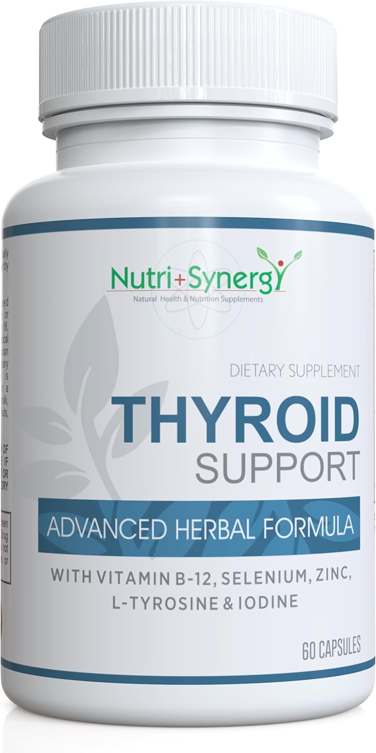 Nutri + Synergy Thyroid Support - With L-Tyrosine, Iodine, Vitamins & Minerals. Supports Healthy Thyroid Function, Energy, Mood & Focus. 60 Capsules. : Health & Household