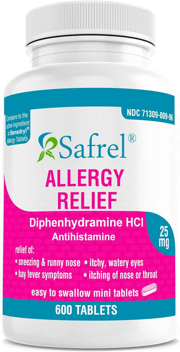 Safrel Allergy Relief Medicine – Diphenhydramine HCl 25mg, 600 Minitabs – Antihistamine for Allergy Symptom Relief
