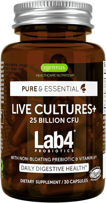 Live Cultures+ Lab4 Probiotics & Prebiotic, Vegan, Non-Gmo, Lactobacillus Acidophilus & Bifidobacterium, Guaranteed 25 Billion Cfu, Non-Bloating Gut Health Support, 30 Capsules, By Igennus