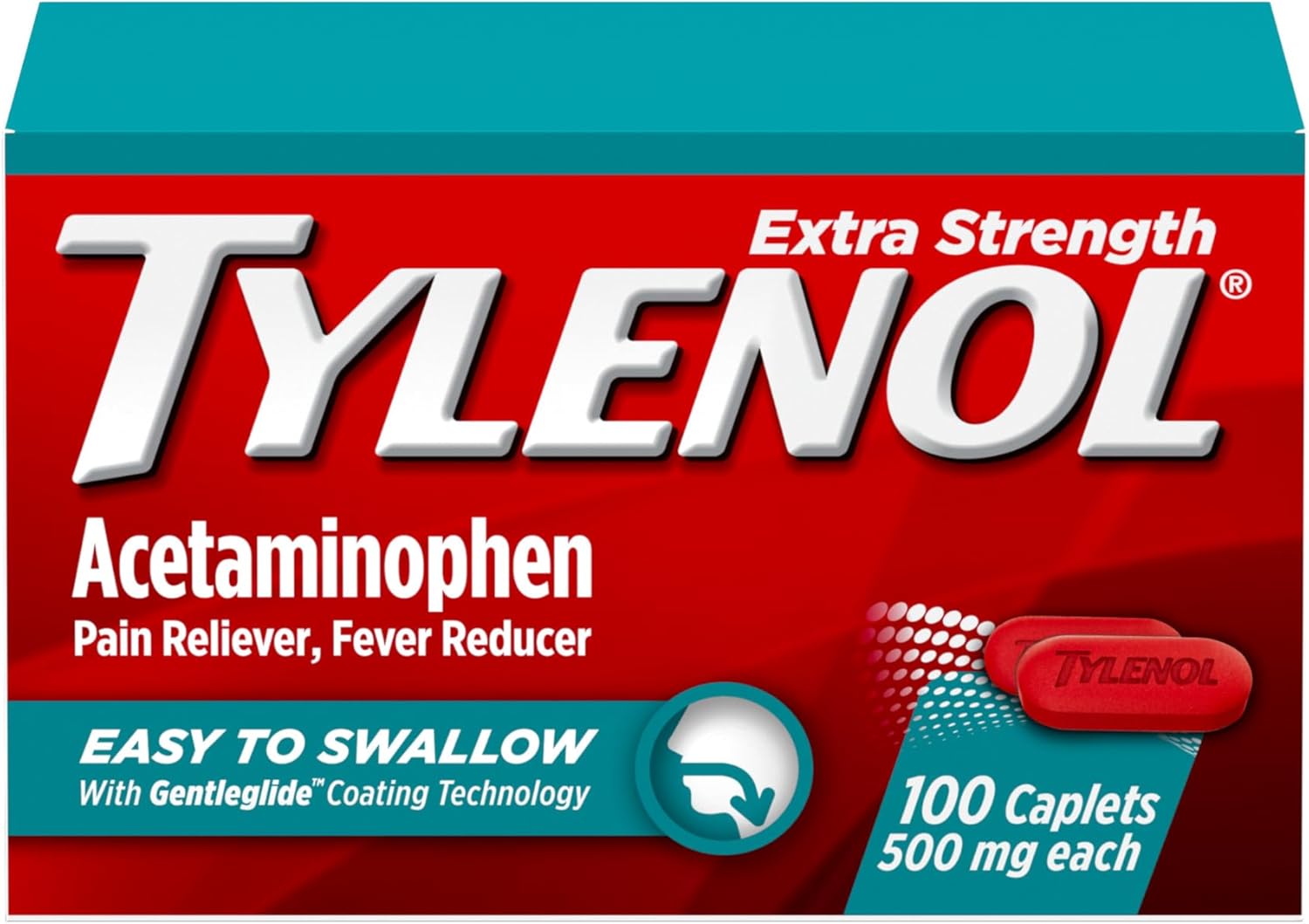 Tylenol Extra Strength Easy To Swallow Acetaminophen, Pain Reliever & Fever Reducer Coated Caplets For Adults With Gentleglide Technology, 500 Mg Extra Strength Acetaminophen, 100 Ct