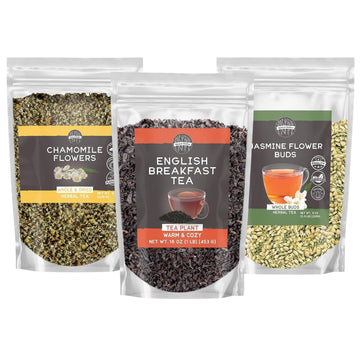 Birch & Meadow English Breakfast Tea, Chamomile Flowers, And Jasmine Flower Buds Bundle, Various Sizes, Teas, Warm & Cozy