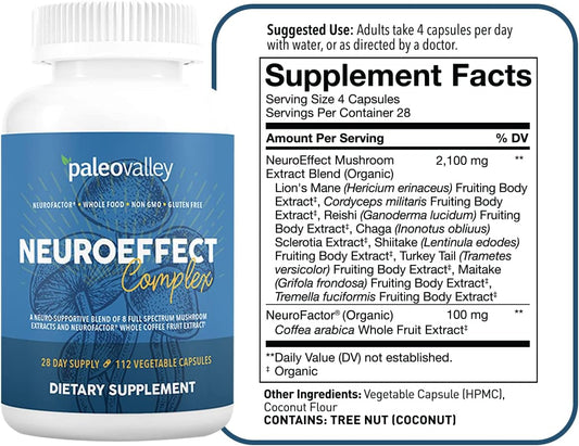 Paleovalley NeuroEffect - Neuro Mushroom Coffee Nutritional Supplement for Focus, Memory, and Energy Support - 3 Pack - 8 Full-Spectrum Mushrooms and Whole Coffee Fruit Extracts