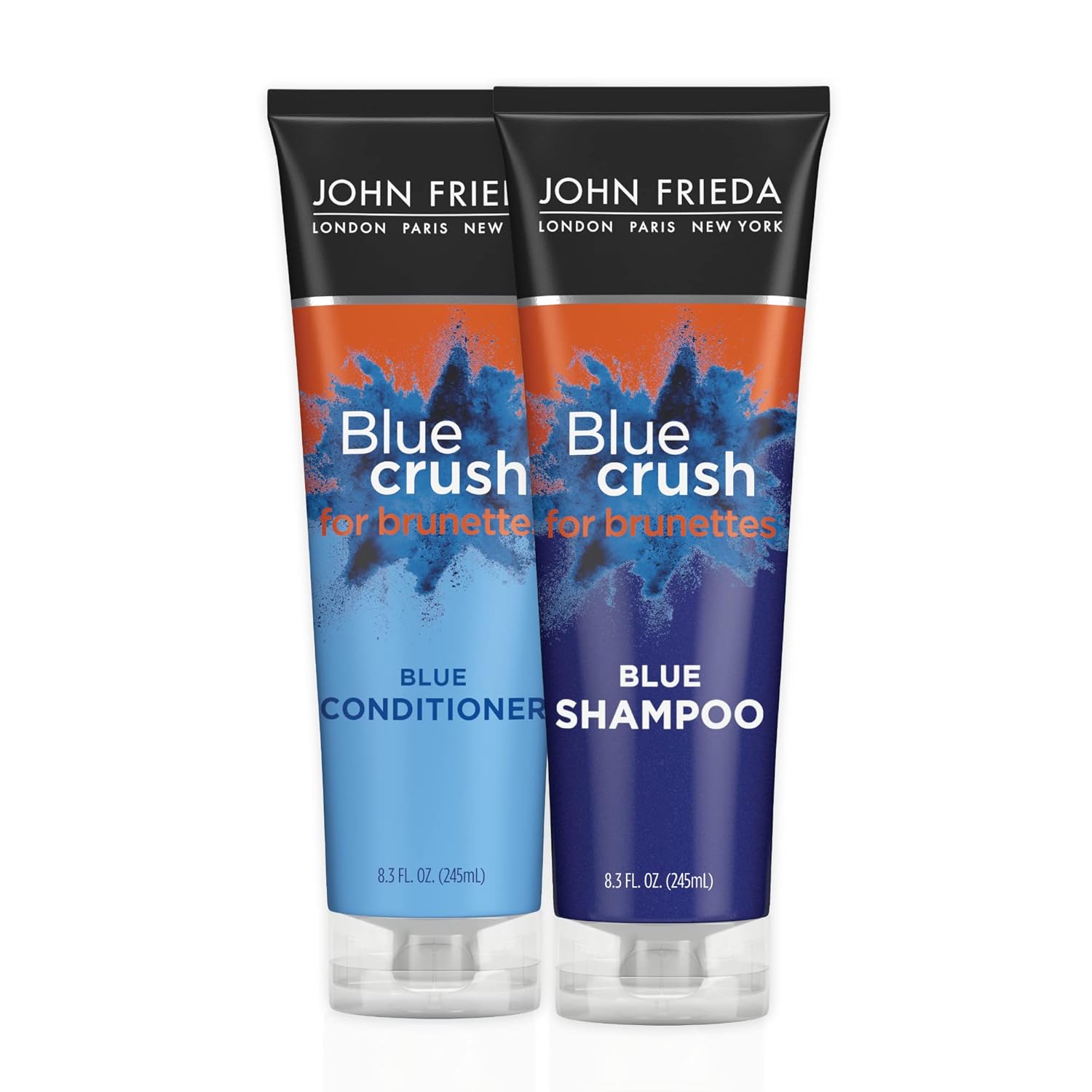 John Frieda Blue Crush Shampoo And Conditioner Set For Brassy Toned Brunettes, Crushes Brassy Tones, 8.3 Fl Oz (Pack Of 2)