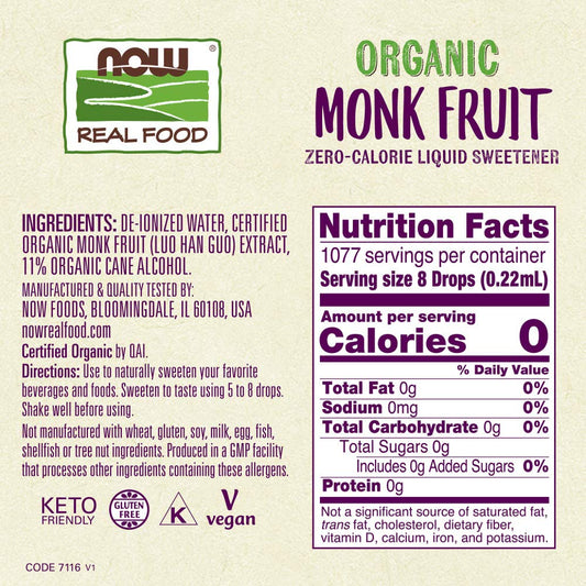 Now Foods, Certified Organic Monk Fruit Liquid, Zero-Calorie Liquid Sweetener, Non-Gmo, Low Glycemic Impact, 8-Ounce